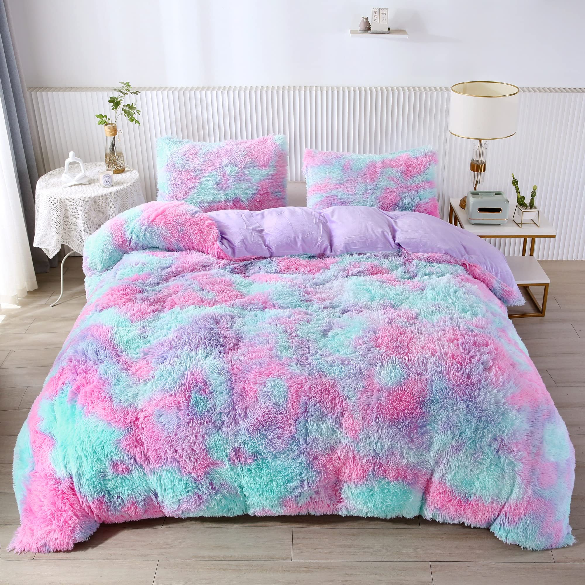 Rynghipy Purple Tie Dye Rainbow Duvet Cover Set, Fluffy Fuzzy Long Hair Faux Fur Crystal Velvet Bedding Set For Teens Girls (Pur